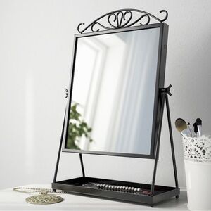 IKEA Black Metal Vanity Mirror with Decorative Scroll Top